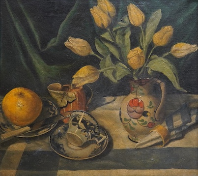 Early 20th century School, Still life of flowers, porcelain and fruit, unsigned, oil on canvas, 42 x 47cm